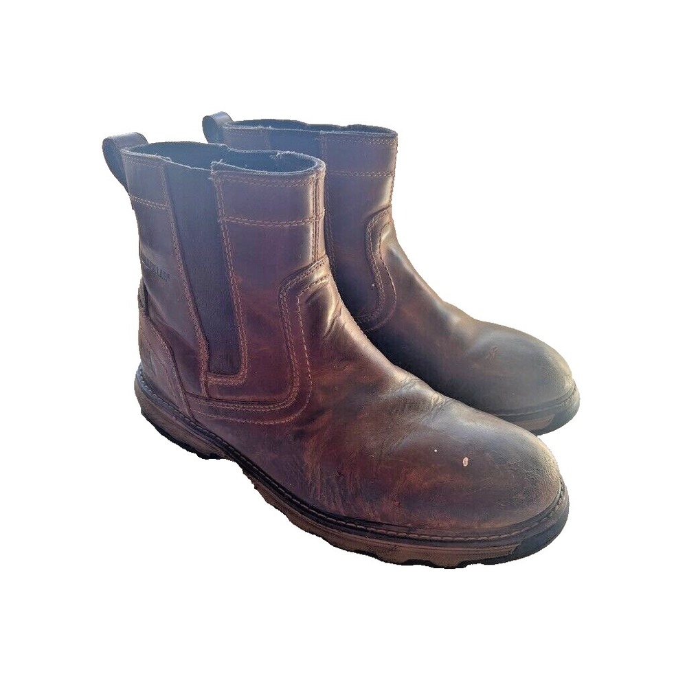 Caterpillar Pelton Leather Brown Safety‎ Boots Men's 12 CAT Work Gusset Pull On
